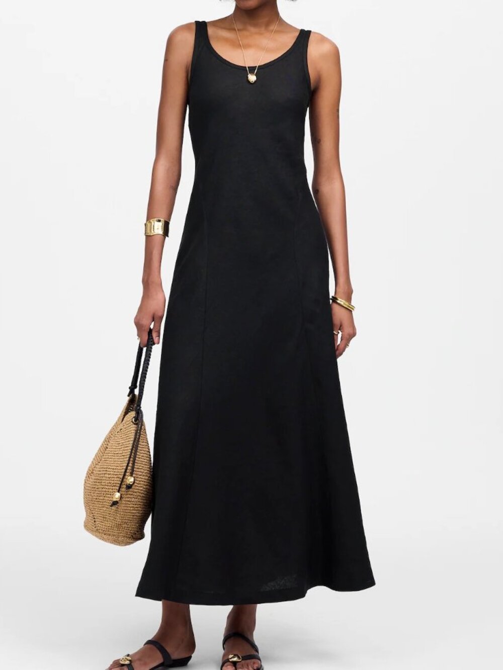 Madewell Scoopneck Sleeveless Midi Dress in 100% Linen in Jet Black size 4 NU594